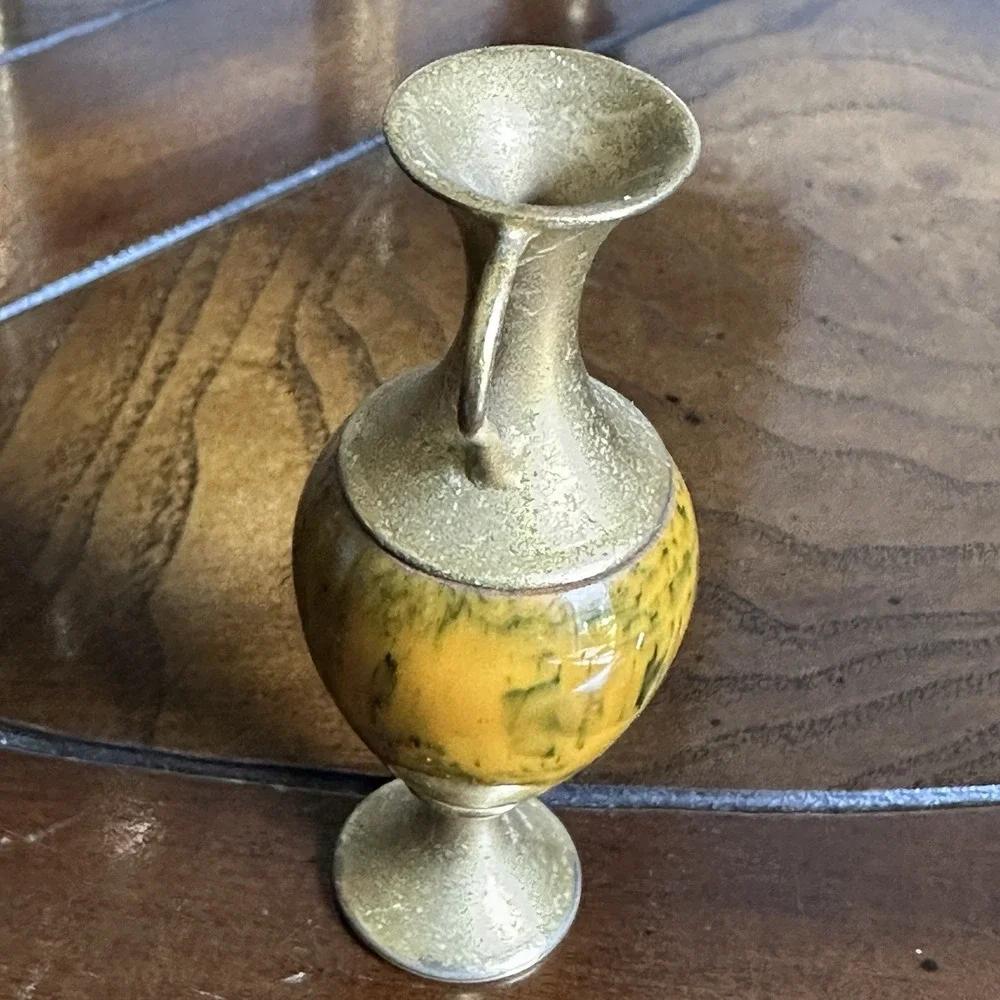 Vintage Miniature 3 Inch Brass Vase Handle‎ Yellow Enamel Acrylic Dollhouse